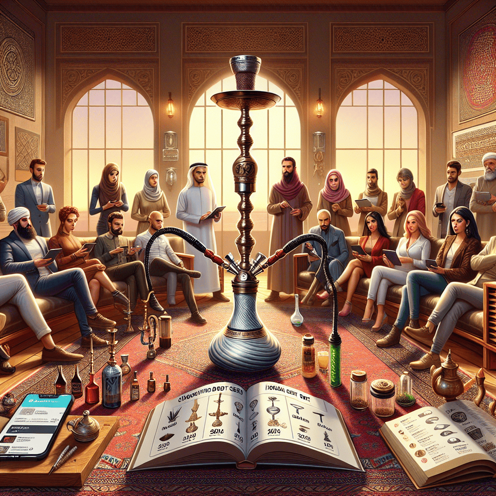 Детальний гід із вибору найкращого кальян-набору у 2026 році. На зображенні — різноманітна компанія людей різного походження (європейського, латиноамериканського та південноазійського), порівну за статтю, зібрана навколо стильного, футуристичного кальяна. Тепло освітлена кімната з меблями з махаґоні та арабським декором — килими з візерунками, латунні ліхтарі. На столі — відкриті довідники, смартфони з відгуками, різні смаки для кальяну — атмосфера ретельного вибору. На тлі ненав’язливо видно календар 2026.