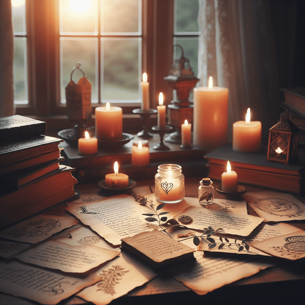 A soothing image showing a collection of enlightening and heart-touching quotes. These notations should be beautifully inscribed on parchment or vintage paper, shown in a serene and contemplative setting such as a softly candle-lit library or a solitary wooden table by a window with natural light gently illuminating the assortment of passages.