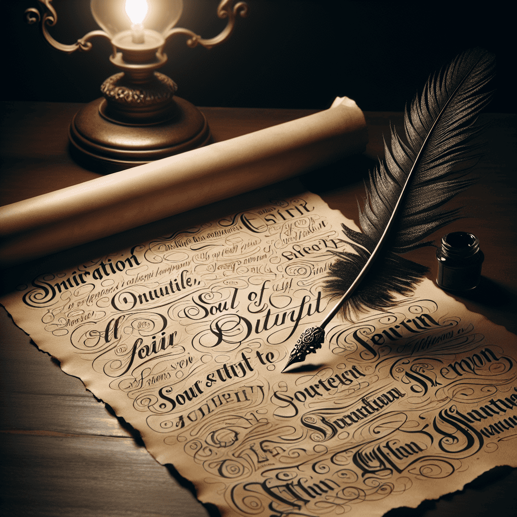 An elegant vintage parchment unrolled on a dark mahogany table. Upon this parchment, multiple powerful and soul-stirring quotes written in fancy cursive handwriting. The light from an antique lamp dims the parchment edges, intensifying the atmosphere. Beside the parchment lies a classic feather quill dipped in glistening black ink. The atmosphere conveys inspiration, wisdom and depth, symbolizing the power of words that can touch the soul.