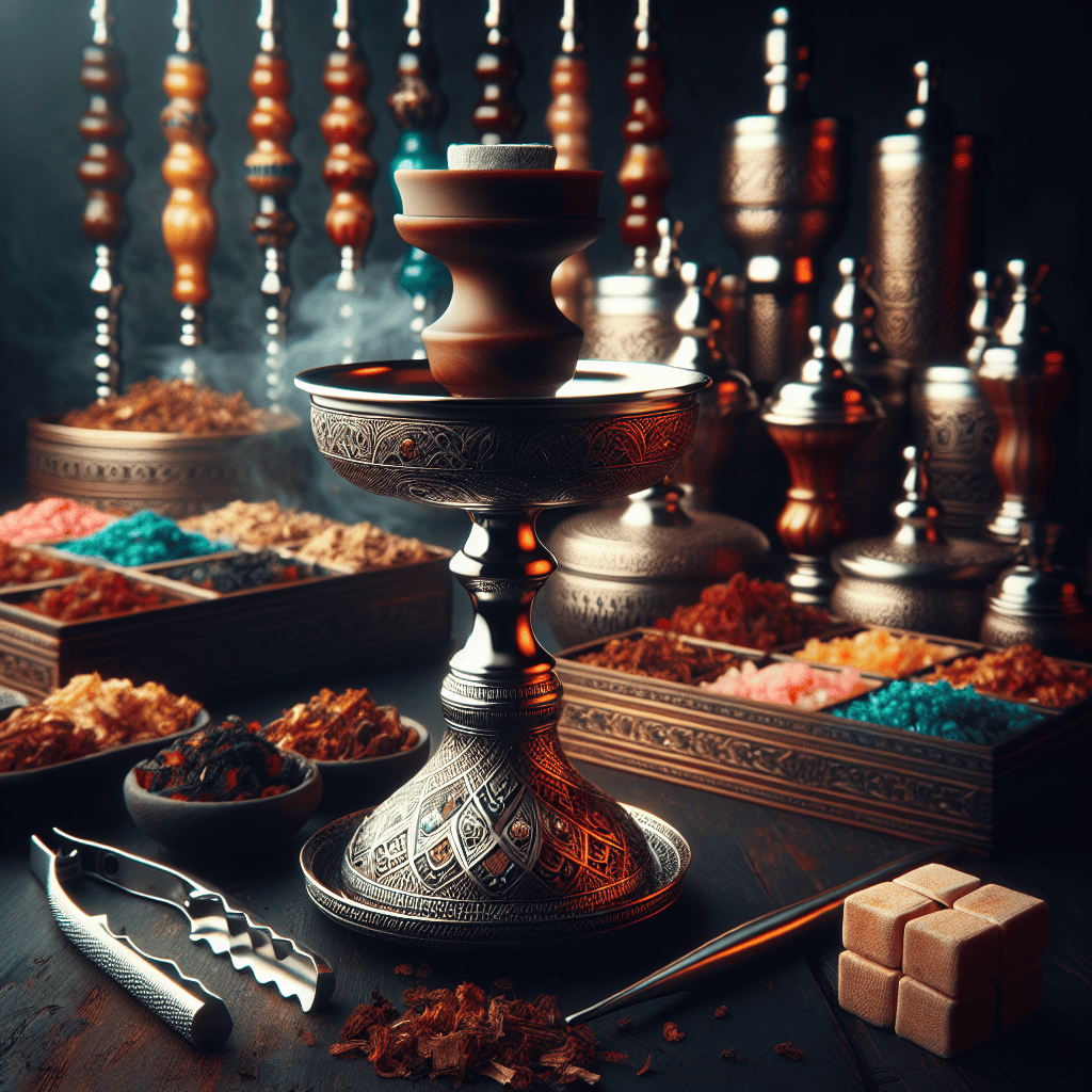 Create an image of a luxurious and intricately crafted hookah bowl. It sits on a dark, polished wooden table, surrounded by a multitude of different flavored tobaccos in colorful packaging. A pair of silver tongs and charcoal briquettes are juxtaposed next to the bowl. The glow of the dim lighting creates a warm ambiance and harmonizes perfectly with the rich colors of the tobaccos. This is a definitive guide to choosing the best hookah bowl.
